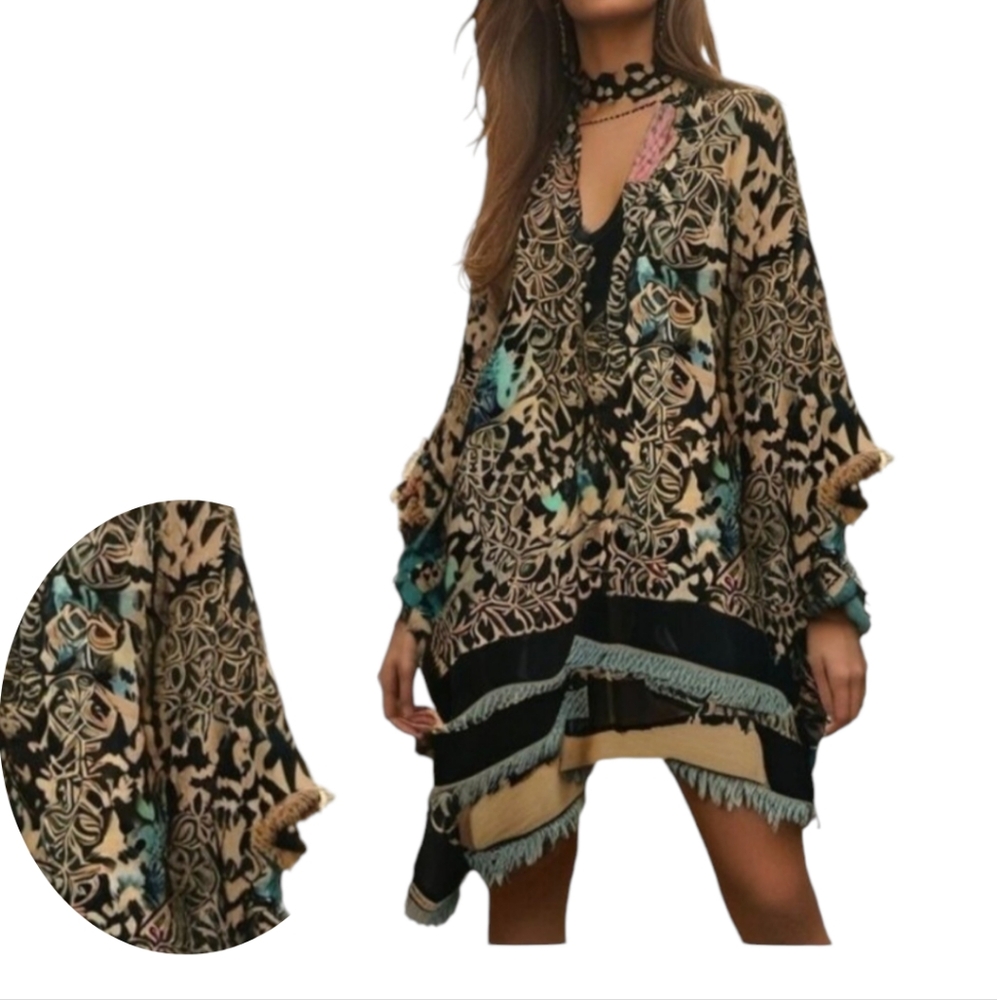 Bay Sky Poncho Abstract Print Fringe Open Front Cardigan Multicolor One Size